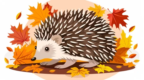 Cartoon Hedgehog on Fallen Leaves Illustration