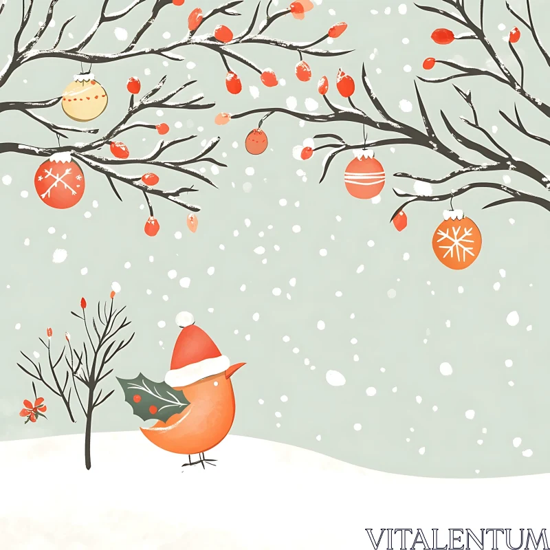 Festive Bird with Santa Hat and Christmas Ornaments AI Image