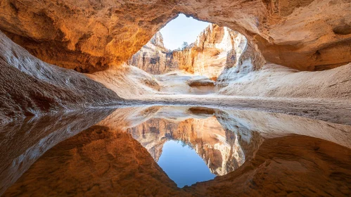 Stunning Sandstone Cave with Mirror-Like Water Reflecting Arch