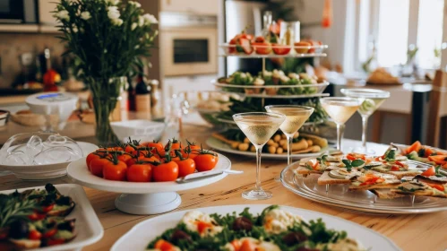 Elegant Table Setting with Delicious Appetizers and Champagne