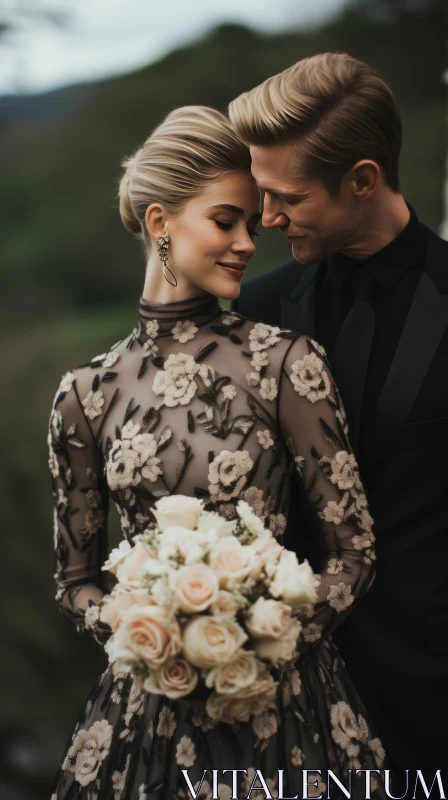Embroidered Black Wedding Dress - A Timeless Beauty AI Image