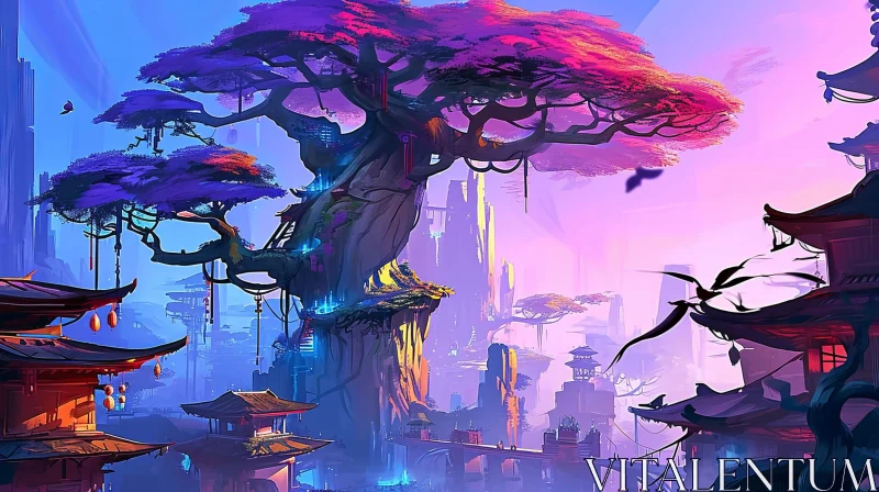 Enchanting Fantasy Forest Painting - Lush Tree, Blooms, and Mountains AI Image