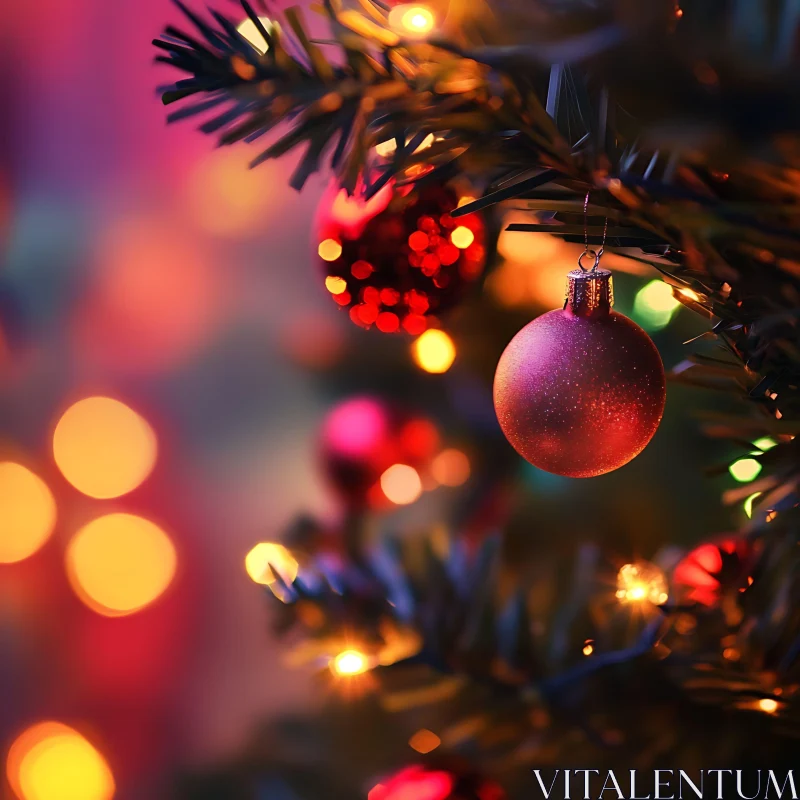 Festive Christmas Tree with Red Bauble and Warm Lights AI Image