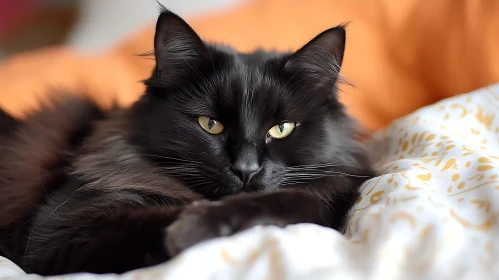 Black Cat with Yellow Eyes on a Patterned Blanket