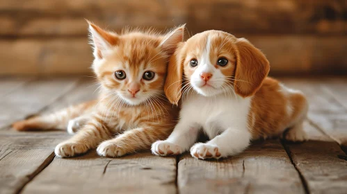 Cute Kitten and Puppy Resting Together on Wooden Floor