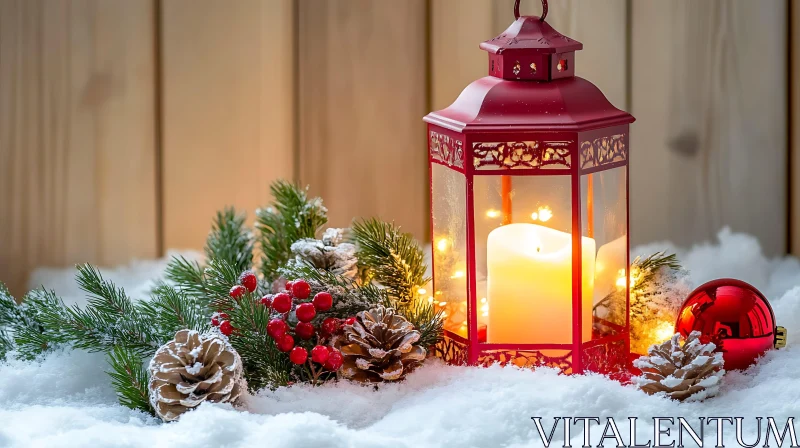 AI ART Christmas Lantern with Snowy Decorations