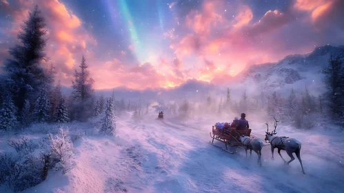 Reindeer Sled under Aurora in Snowy Forest