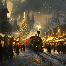 Holiday Celebration in a Snowy Town Square with Christmas Train