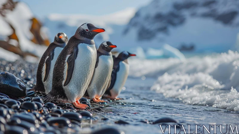 Four Gentoo Penguins on a Rocky Beach | Ocean View AI Image