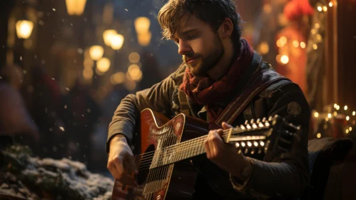Man Playing Acoustic Guitar in Romantic Movie Still