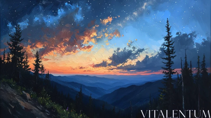 Serene Mountain Sunset Landscape Painting AI Image