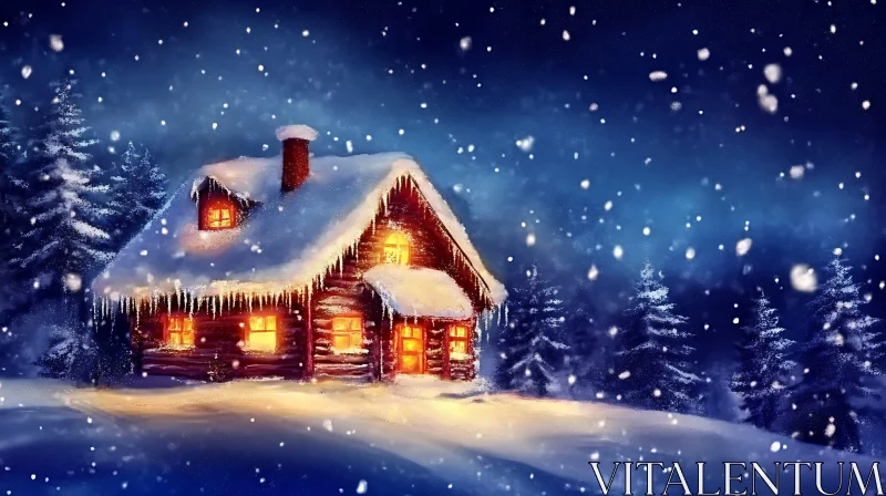 AI ART Warm Log Cabin on Tranquil Snowy Night