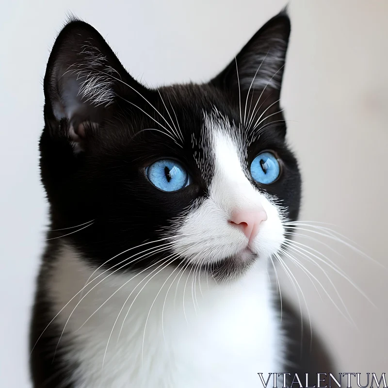 Portrait of a Blue-Eyed Black and White Cat AI Image