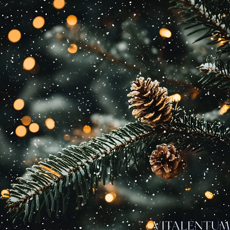 Snowy Pinecones on a Christmas Branch AI Image