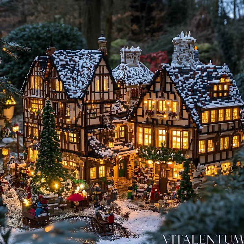 Medieval Miniature Village with Snow and Warm Lights AI Image