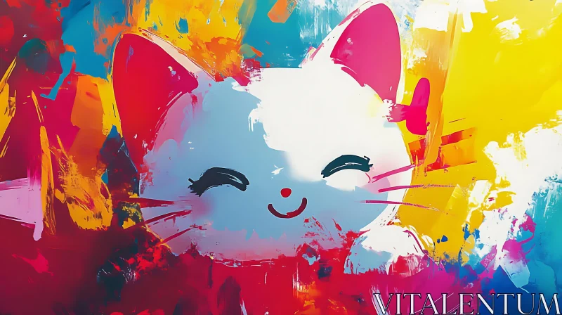 Lively Abstract Art with Smiling White Cat AI Image