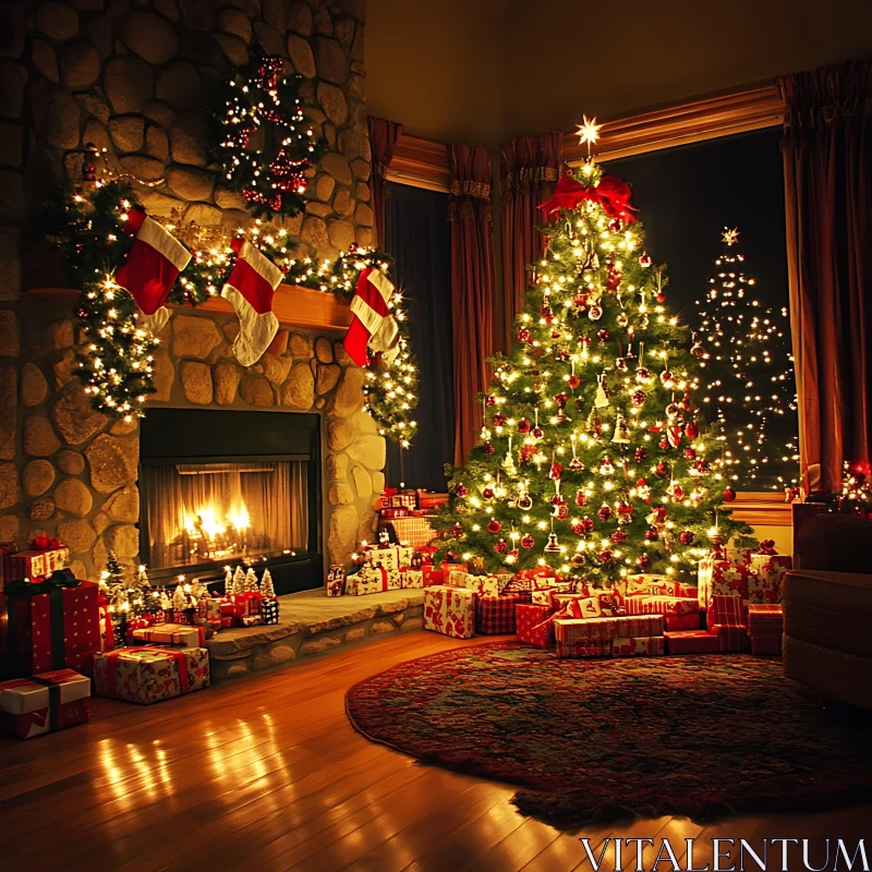 Festive Holiday Living Room with Christmas Tree and Fireplace AI Image