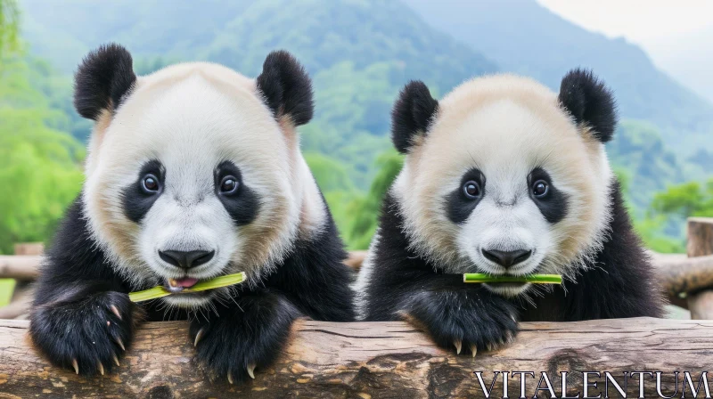 Adorable Panda Cubs on Wooden Railing | Wildlife Photography AI Image