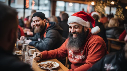 Captivating Image of Men in Santa Hats Enjoying Food at a Restaurant