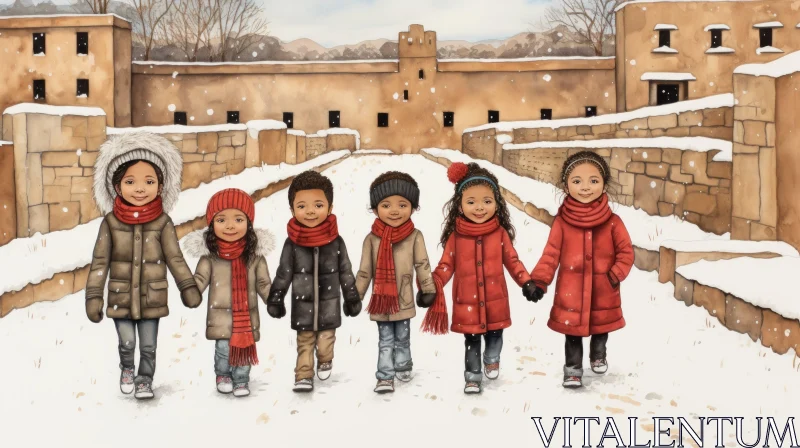 Captivating Snowy Scene: Children Holding Hands in Culturally Diverse Digital Painting AI Image