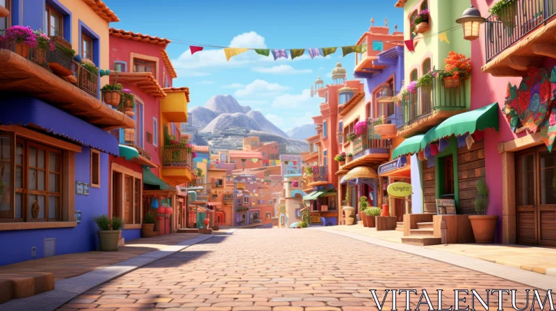 Colorful Animated Street Scene in Mediterranean and Aztec Art Style AI Image