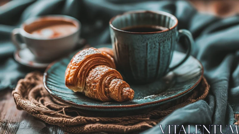 Delicious Coffee and Croissant on Blue Plate AI Image