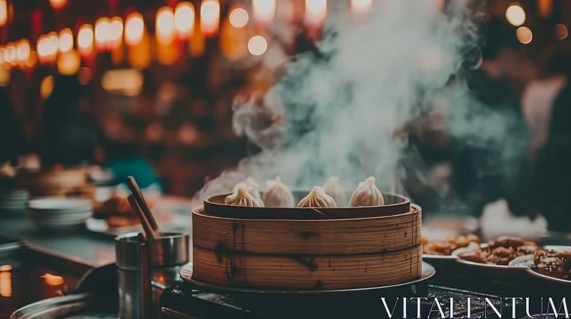 Delicious Dumplings in a Bamboo Steamer: Food Photography AI Image