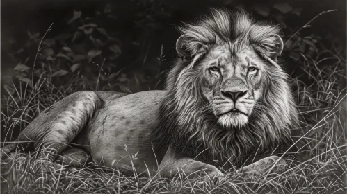 Detailed Black and White Drawing of a Resting Lion in the Grass
