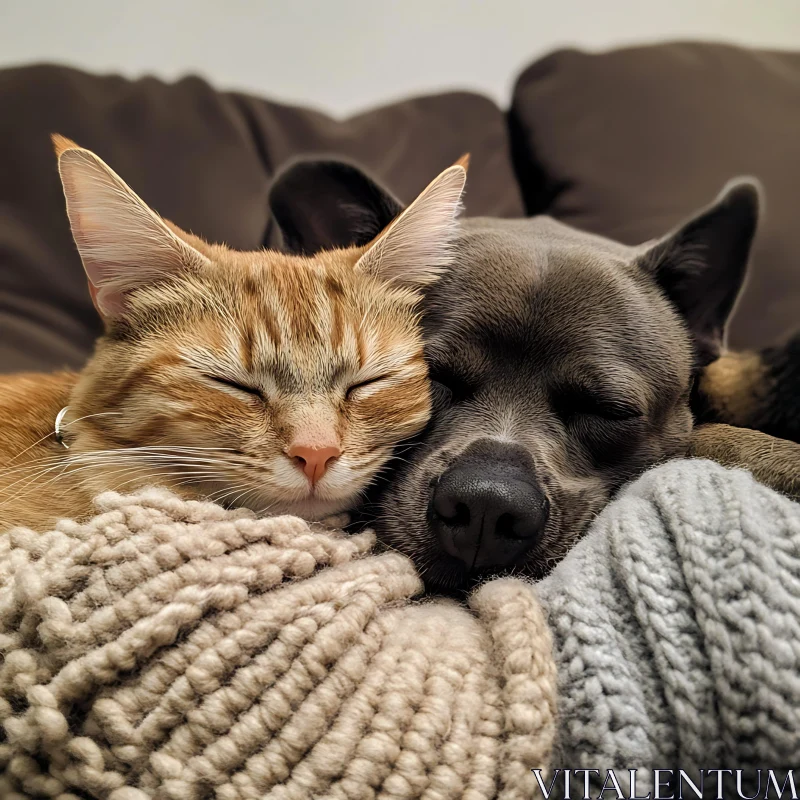 Cute Cat and Dog Cuddled Up Sleeping AI Image