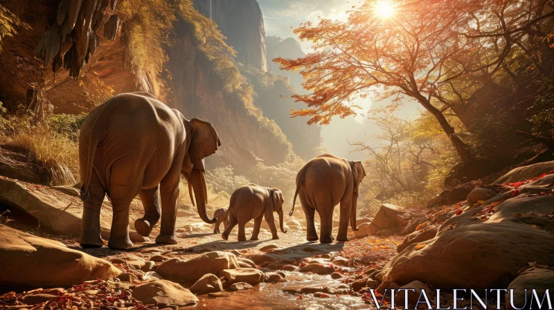 Elephants Walking in Jungle Riverbed AI Image