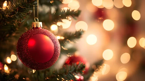 Red Bauble Decoration on Christmas Tree