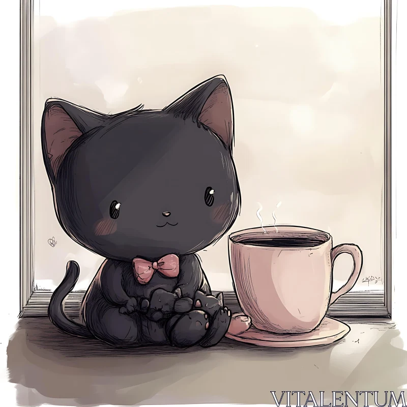 Charming Black Cat Illustration with Coffee AI Image