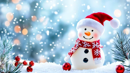 Happy Snowman with Santa Hat in Snowy Scene