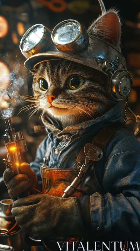 AI ART Steampunk Feline Engineer