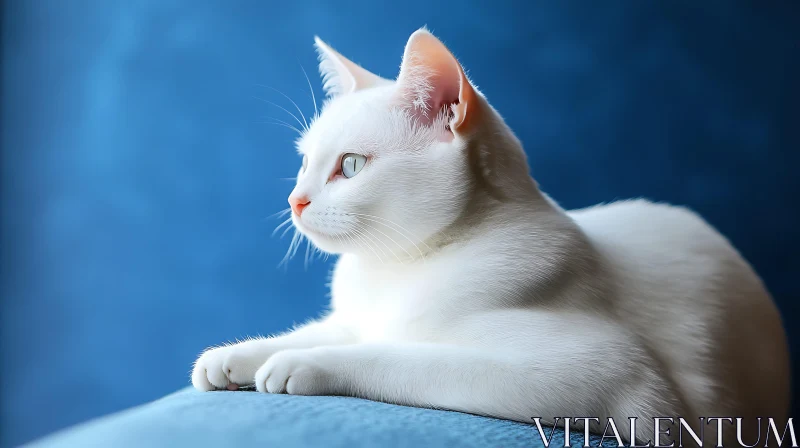 Tranquil White Cat with Blue Background AI Image