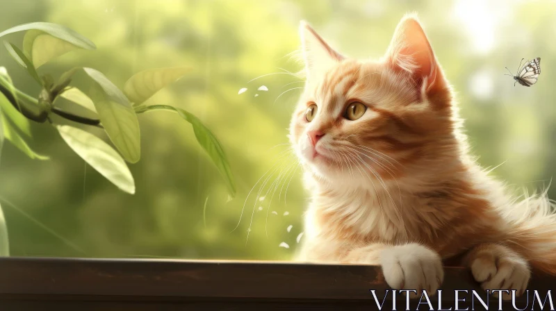Ginger Cat Watching Butterfly on Windowsill AI Image