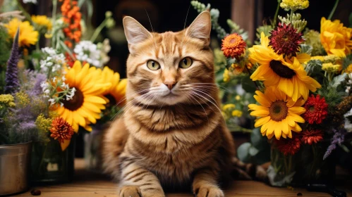 Ginger Cat with Flowers - Enchanting Image