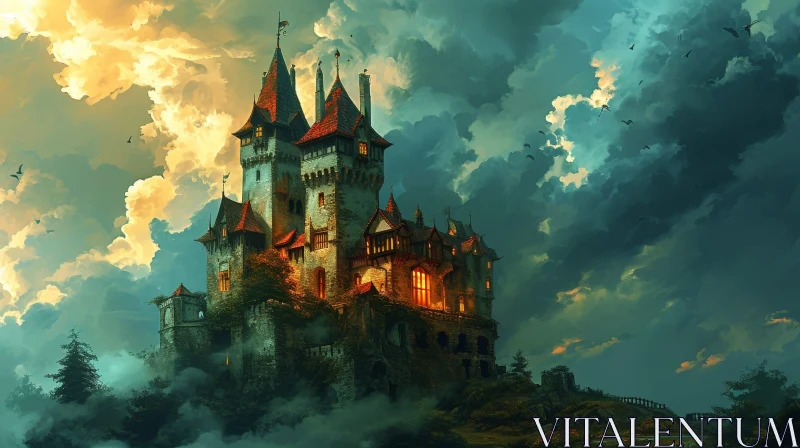 Mysterious Digital Painting of a Medieval Castle in a Forest AI Image