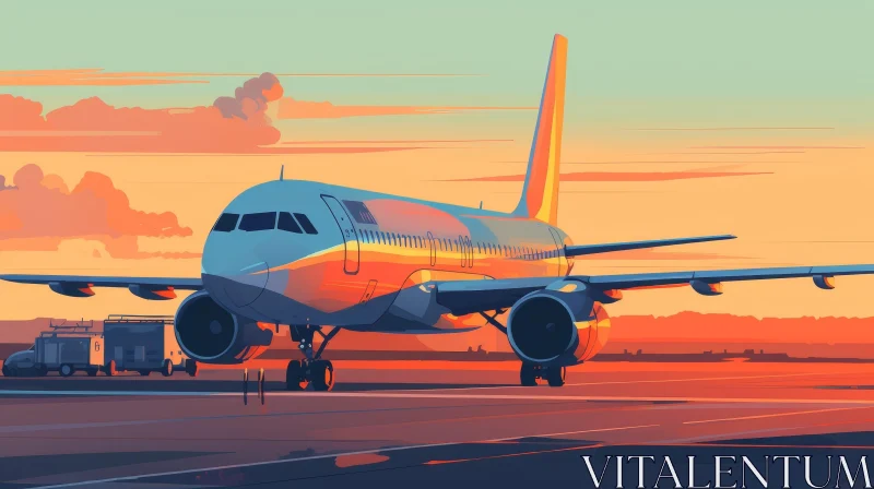 Passenger Airplane on Runway at Sunset Illustration AI Image
