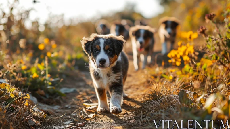 Playful Australian Shepherd Puppies in a Field of Yellow Flowers AI Image