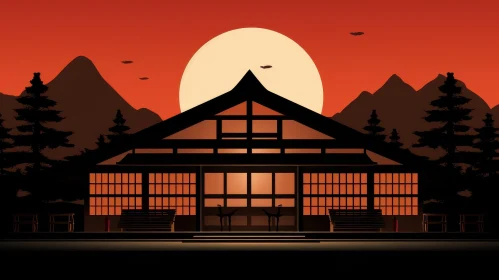 Tranquil Japanese House Illustration in Nature Setting