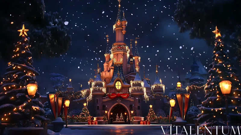 AI ART Festive Illuminated Castle amid Snowfall