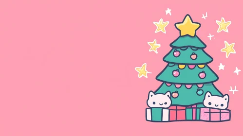 Cute Christmas Tree and Cats Illustration