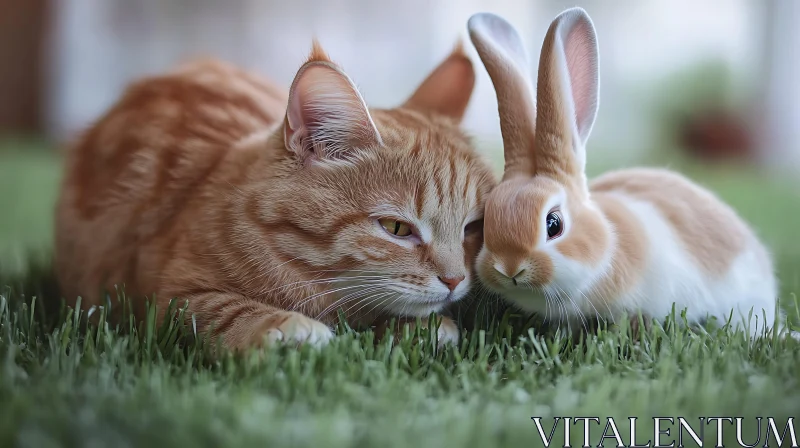 Cute Cat and Rabbit Bonding on Green Grass AI Image