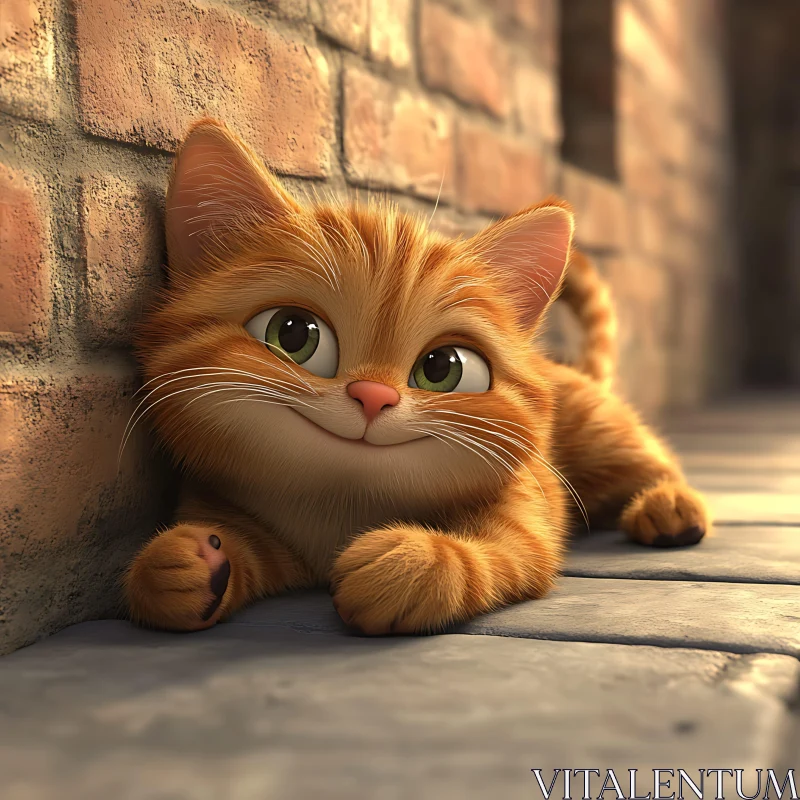 Charming Orange Tabby Kitten Relaxing Against Brick Wall AI Image