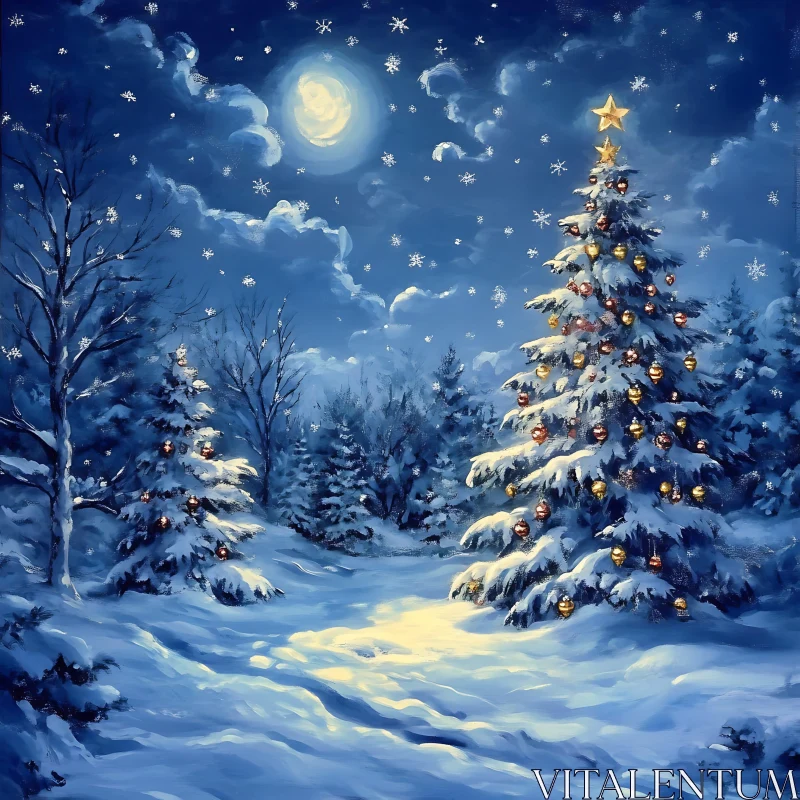 Christmas Night in Snowy Forest AI Image