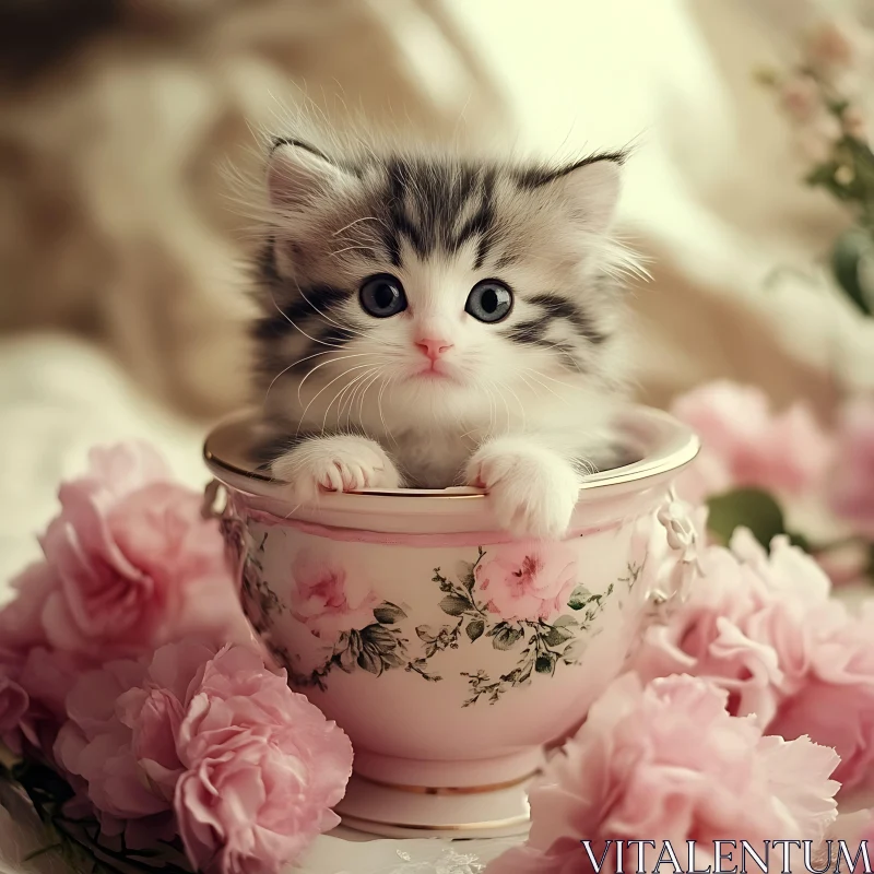 Cute Kitten Surrounded by Pink Flowers AI Image