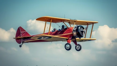 Biplane Flying in Blue Sky with Clouds