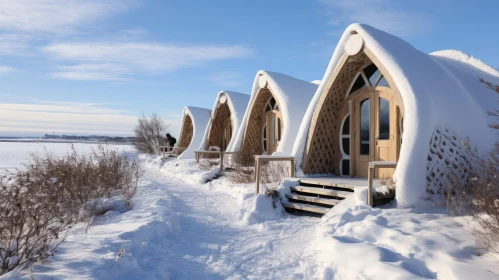 Captivating Winter Scene: Ice-Covered Bungalows in Organic Architecture Style