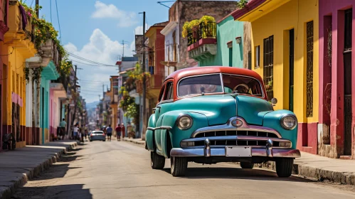 Classic Car in Colorful Street - A Hispanicore Inspired Scene
